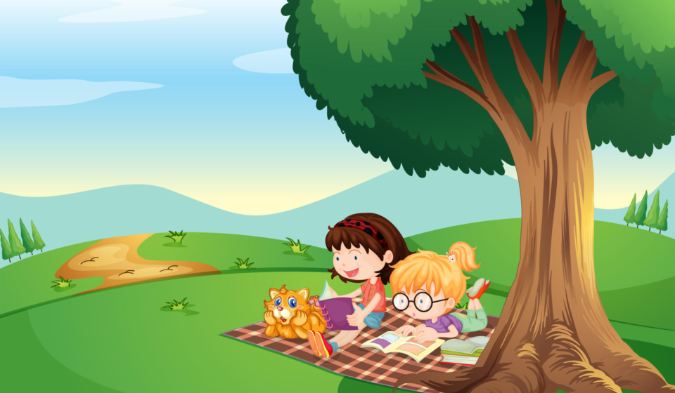 Illustration of the kids reading under the tree with a cat